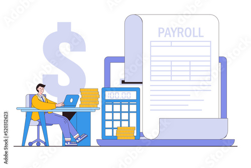 Salary payroll system for employee, financial wage calculation and automatic payment, administrative or calendar pay date for office accounting concept. Businessman compute online income using laptop