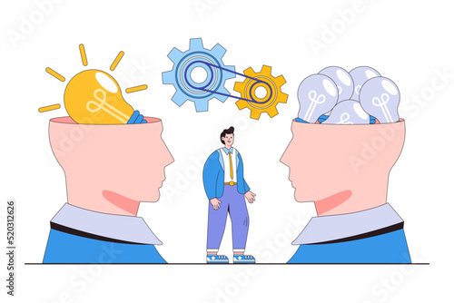 Quality vs quantity, fantastic work outcome assurance, working attitude to produce superior result concept. Businessman mindset with precious lightbulb versus other ordinary lightbulb inside his head