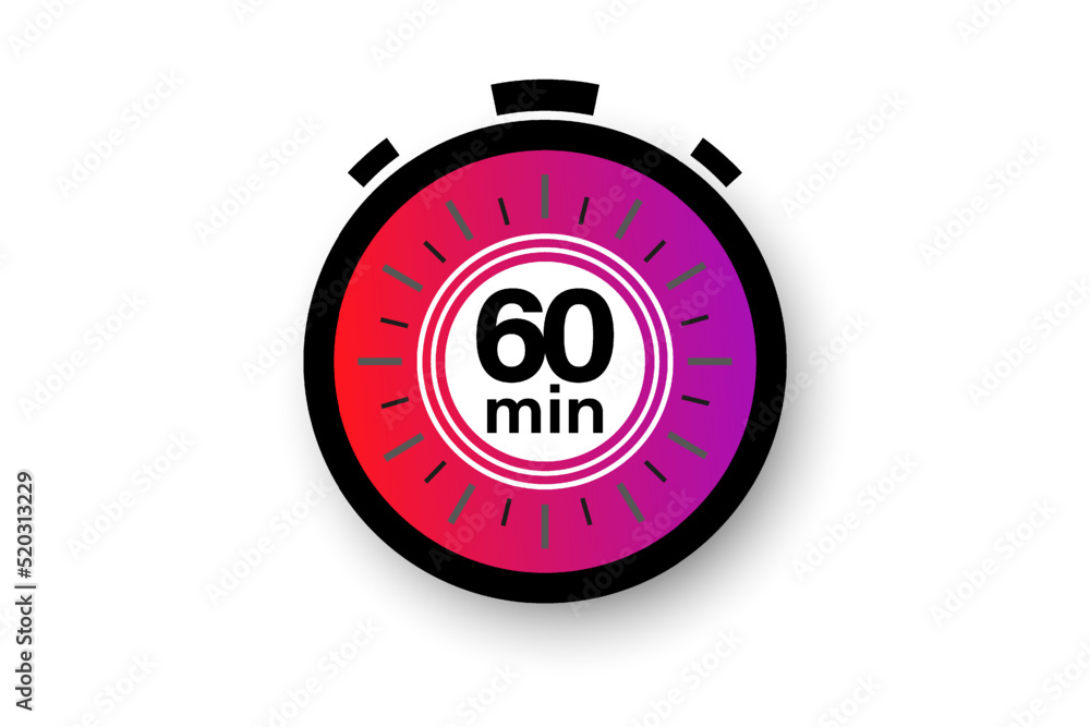60 minutes timer. Stopwatch symbol in flat style. Editable isolated vector illustration. 60 minutes timer. Stopwatch symbol in flat style. Editable isolated vector illustration.