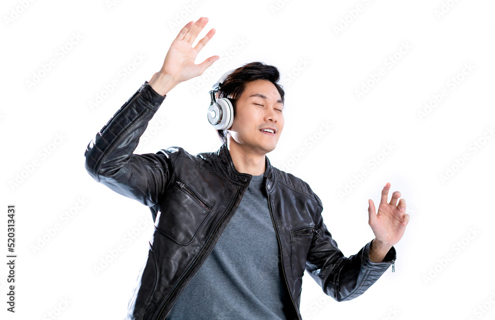 portrait studio music lyric concept yound smart asian artist wear sweater listen headphone enjoy music audio in dance with happiness mood positive movement eye close white background portrait studio music lyric concept yound smart asian artist wear sweater listen headphone enjoy music audio in dance with happiness mood positive movement eye close white background