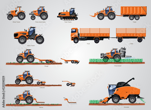The set of Agricultural machinery. The set of tractors with agricultural tools. The vector illustration of land agricultural processing and technology.