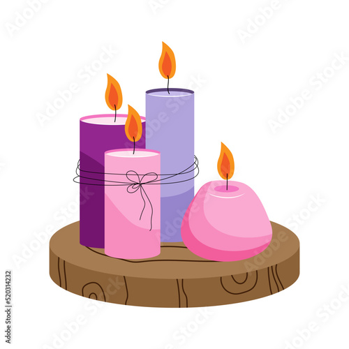 Burning wax or paraffin aromatic candles for aroma therapy isolated on light background. Cute hygge home decoration, holiday decorative design element. Flat cartoon colorful vector illustration.