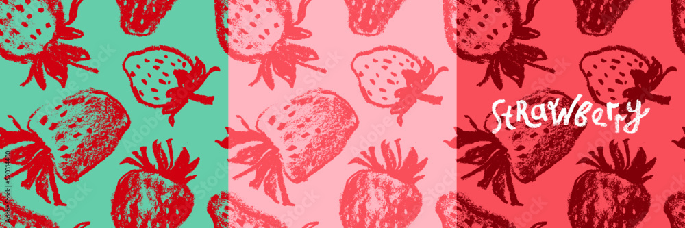 Strawberry pattern seamless, strawberries illustration, hand-drawn vector red berry for vegan banner, juice or jam label design. Ripe berries background for baby food packaging. Strawberry backdrop.