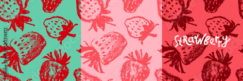 Strawberry pattern seamless, strawberries illustration, hand-drawn vector red berry for vegan banner, juice or jam label design. Ripe berries background for baby food packaging. Strawberry backdrop.