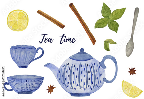 Watercolor collection drinking tea illustration. Teacups, teapot, spices, lemon, cinnamon. Great for designs, scrapbooking paper