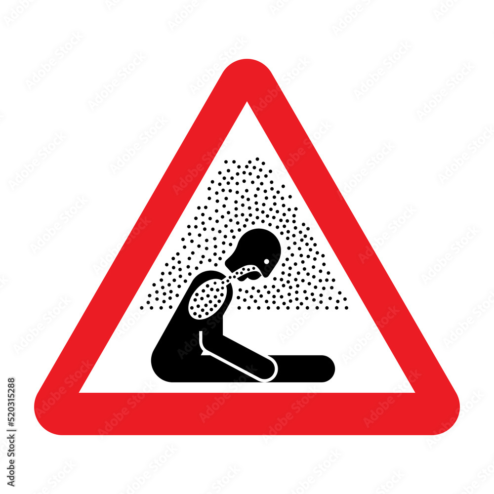 Asphyxiating atmosphere warning sign. Vector illustration of red triangle sign with sitting man in fumes of pollution. Hazard symbol. Dangerous air. Caution exposure to asphyxiating atmosphere. - obrazy, fototapety, plakaty 