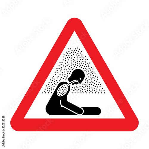Asphyxiating atmosphere warning sign. Vector illustration of red triangle sign with sitting man in fumes of pollution. Hazard symbol. Dangerous air. Caution exposure to asphyxiating atmosphere.