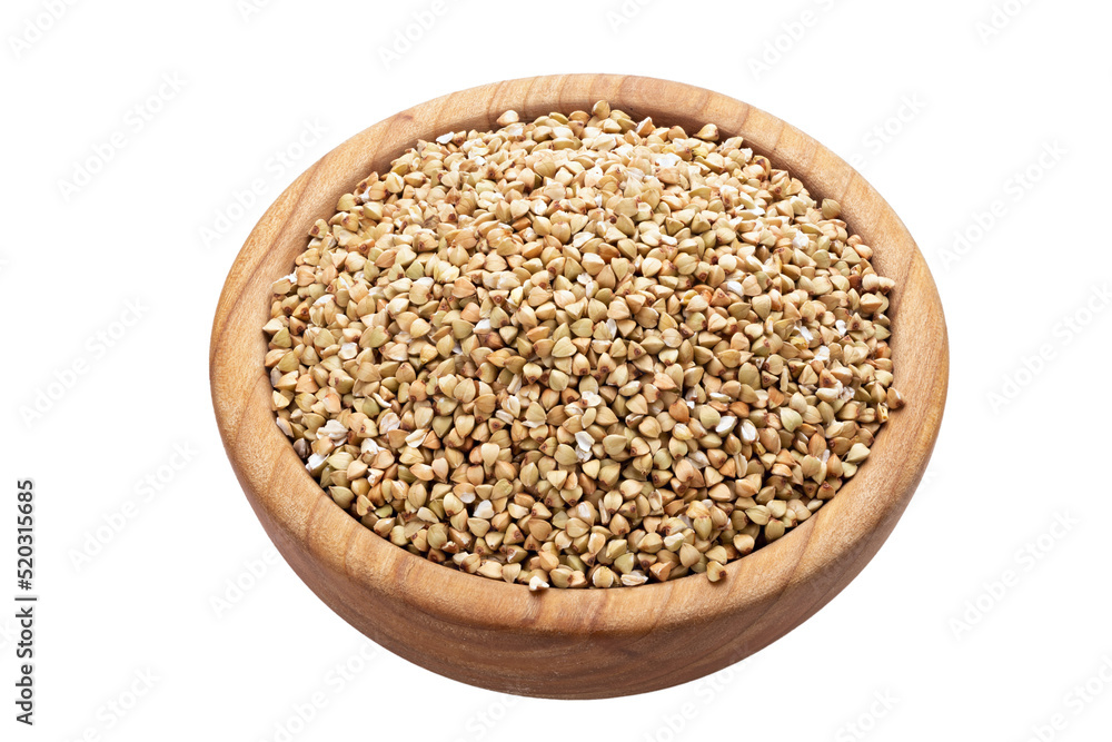 Dry buckwheat in wooden bowl, isolated on white background, full depth of field. Dry buckwheat in wooden bowl, isolated on white background, full depth of field.