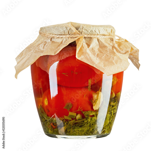 Jar of canned tomato , isolated on white background, full depth of field. Marinated tomatoes. File contains clipping path.