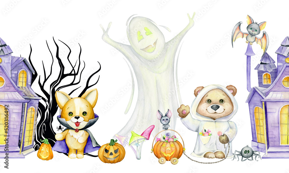 Ghost, bear, dog, house, pumpkin. Watercolor seamless pattern, for the Halloween holiday.