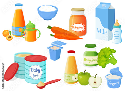 Baby food. Powdered milk mixture in a tin  milk  yogurt  apricot and applesauce  cottage cheese and apple juice.Vector illustration.