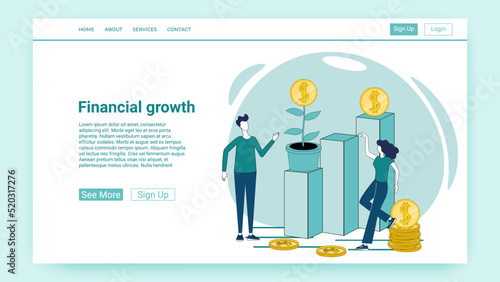 Financial growth.People are growing a money tree.An illustration in the style of a green landing page.