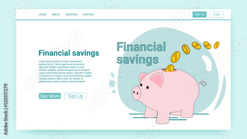 Financial savings.People save money in a piggy bank.An illustration in the style of a green landing page.