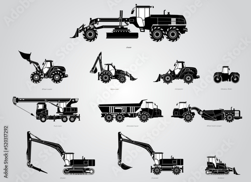 The road construction machine big collection. The Road construction equipment. The big set of road construction works.