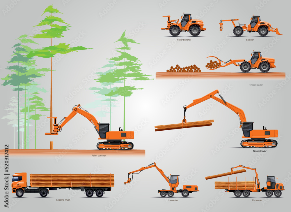 The forestry production machines. Forestry tractors, trucks and loggers hydraulic machinery detailed editable silhouettes illustration collection background vector. Equipment for forestry industry. - obrazy, fototapety, plakaty 