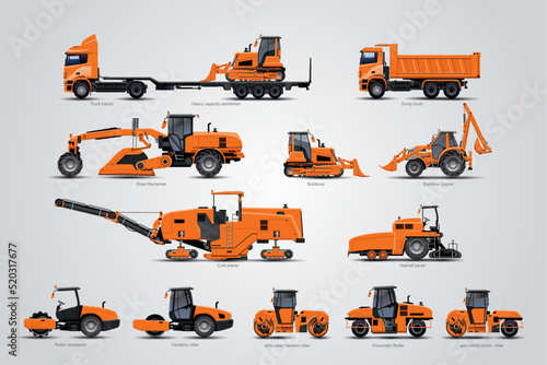 The road construction machine big collection. The Road construction equipment. The big set of road construction works.