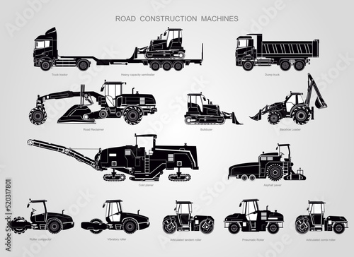 The road construction machine big collection. The Road construction equipment. The big set of road construction works.