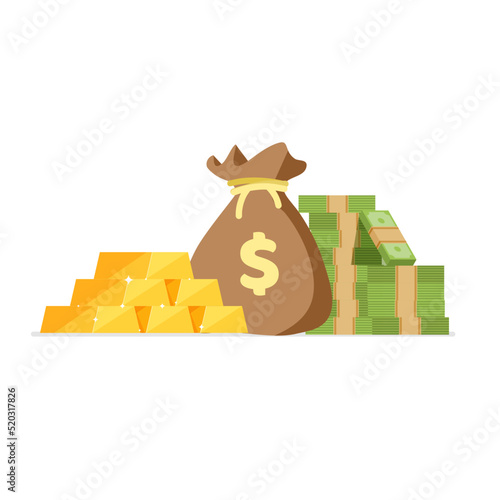 Stack of shiny gold bars or ingots and money bag with banknotes. Business concept. Icon for web, games, apps. Vector illustration isolated on white background.