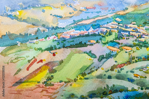 Abstract watercolor landscape original painting on paper colorful of Village.