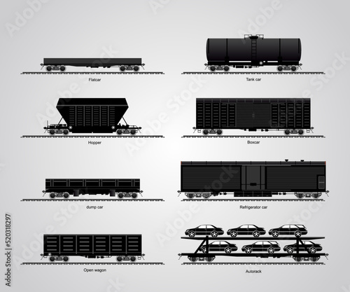 The type of freight cars. The set of a railroad cars or rail cars. photo