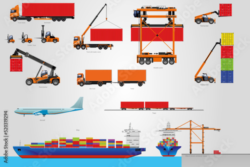 The big vector set of logistic. Machinery for transportation of loads. photo