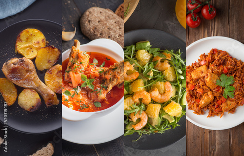 Cuisine of different countries. Western and Oriental dishes. A collection of delicious dishes for the menu. Collage.