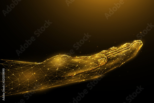 Abstract vector illustration of the open palm of the hand raised up. Open palm hand gesture low poly design. Giving hand concept art