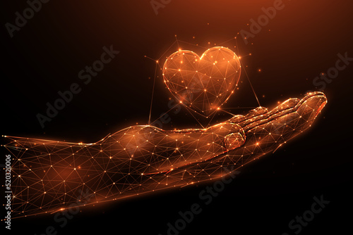 Charity or love concept. Polygonal vector illustration of a hand palm with a heart symbol on a dark red background. Heart transplant and organ donation concept low poly design.