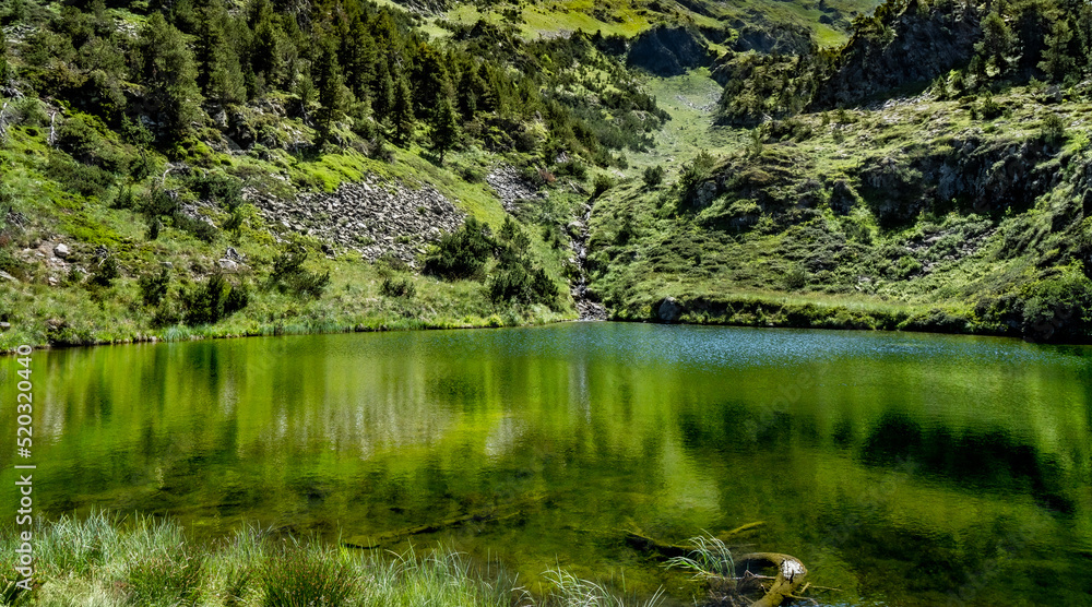 Wonderful lake in the Pyrenees surrounded by a lush and green environment of vegetation. Reflections of the mountain in the water of the lake. Wonderful lake in the Pyrenees surrounded by a lush and green environment of vegetation. Reflections of the mountain in the water of the lake.