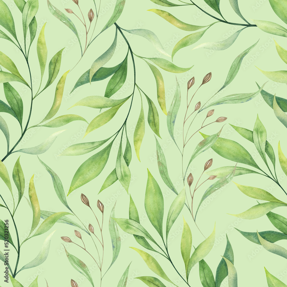 Branches with green leaves. Wild herbs and dry seeds. Watercolor seamless pattern. Elegant pattern.