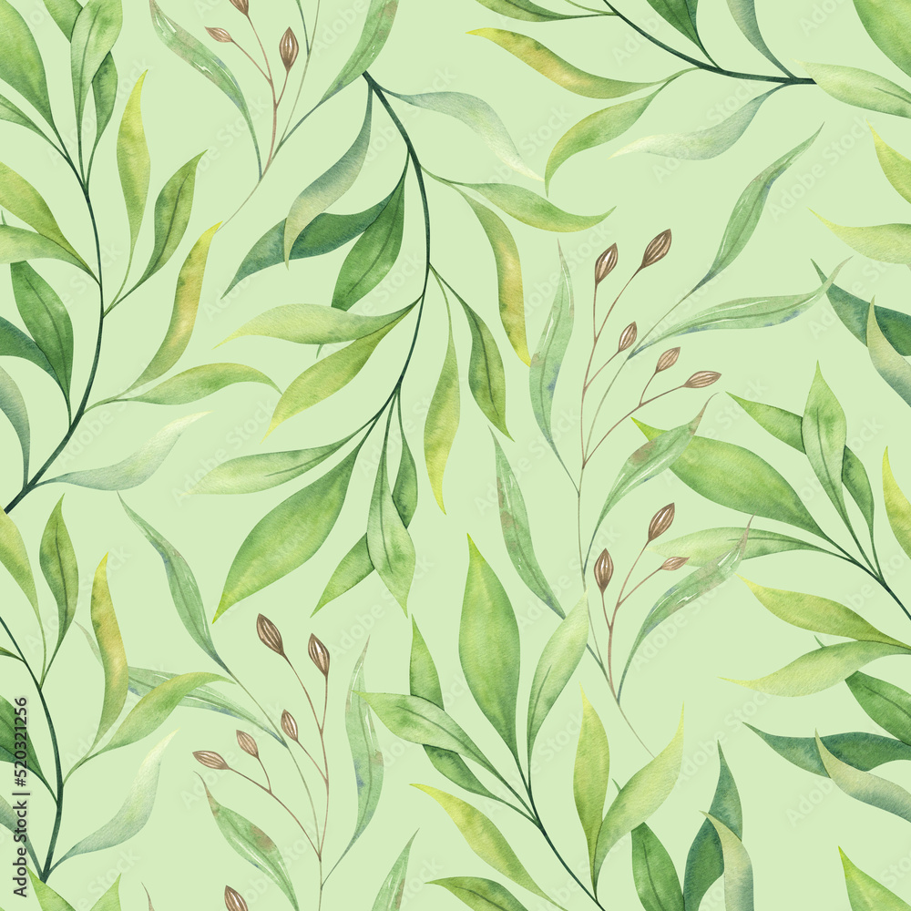 Branches with green leaves. Wild herbs and dry seeds. Watercolor seamless pattern. Elegant pattern. Branches with green leaves. Wild herbs and dry seeds. Watercolor seamless pattern. Elegant pattern.