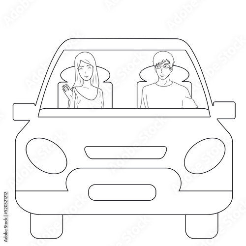 Black and white people travel by car. Vector illustration.