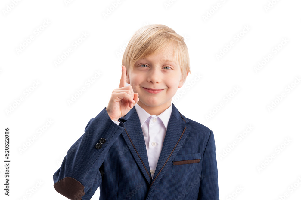 Junior high school student in school uniform smiles looking into camera and raising index finger up. Isolated on white background. Junior high school student in school uniform smiles looking into camera and raising index finger up. Isolated on white background.