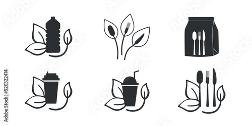 Fast food and take away eco packaging symbol for restaurant, cafe, bistro and diner. Plastic free and recyclable. Editable stroke. Vector stock illustration isolated on black background. 