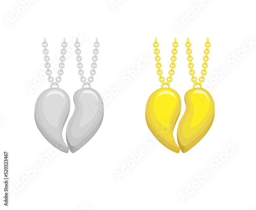 Couple necklace heart love in gold and silver symbol set illustration vector