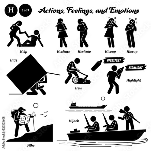 Stick figure human people man action, feelings, and emotions icons alphabet H. Help, hesitate, hiccup, hide, hew, highlight, hike, and hijack. photo