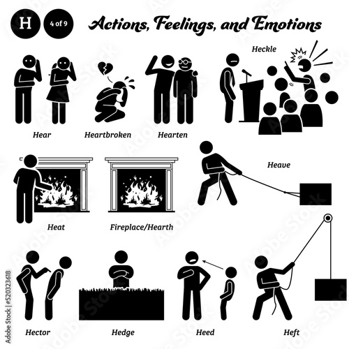 Stick figure human people man action, feelings, and emotions icons alphabet H. Hear, heartbroken, hearten, heckle, heat, fireplace, hearth, heave, hector, hedge, heed, and heft. photo