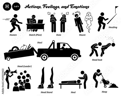 Stick figure human people man action, feelings, and emotions icons alphabet H. Hasten, hatch plan, hate, haunt, heading, haul, head-butt, head leader, head stand, heal, and heap.
