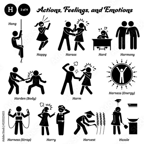 Stick figure human people man action, feelings, and emotions icons alphabet H. Hang, happy, harass, hard, harmony, harden body, harm, harness energy, harness strap, harry, harvest, and hassle.
