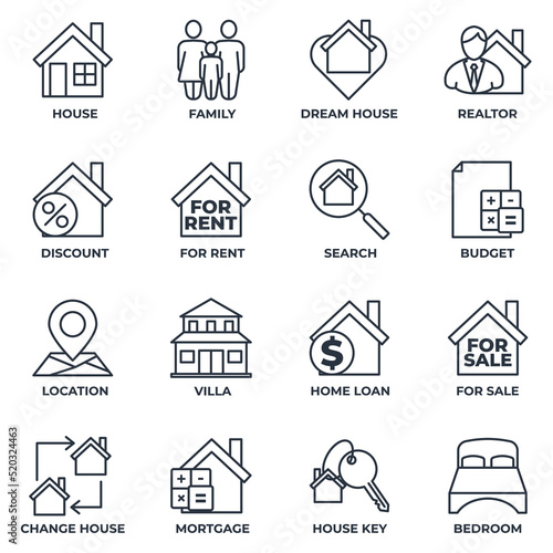 Set of Real Estate icon logo vector illustration. House pack symbol template. house, family, dream house, realtor and more for graphic and web design collection