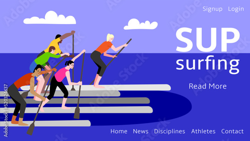 Web banner for sup surfing competitions. A group of athletes on their way to the finish line. Vector flat illustration.