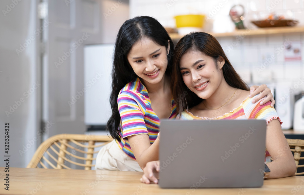 Two female LGBT lesbian couple best girlfriends hugging watching movie on laptop together. Two female LGBT lesbian couple best girlfriends hugging watching movie on laptop together.