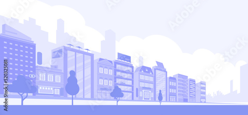 Light gray cityscape background. City buildings with trees at park view. Monochrome urban landscape with street. Modern architectural panorama in flat style. Vector illustration horizontal wallpaper