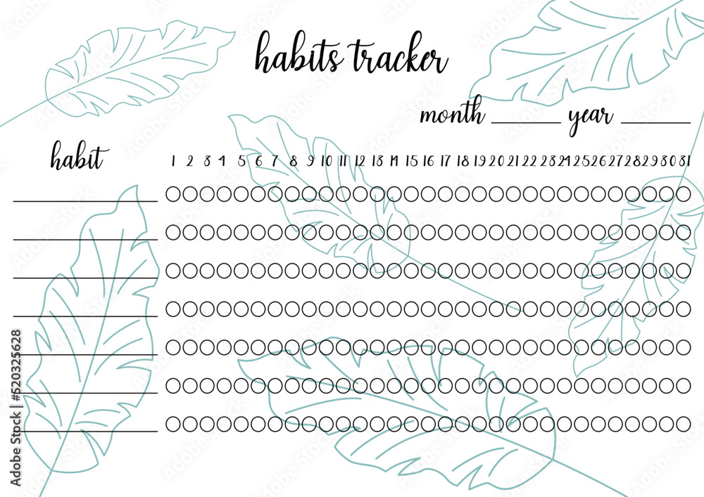 Habits tracker printable template. Blank notebook page horizontal A4 ...