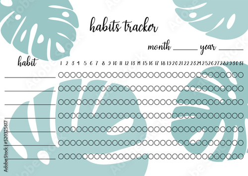 Habits tracker blank printable template. Notebook page horizontal A4. Vector illustration of paper sheet for marking habits success in month. Tropical monstera leaves background