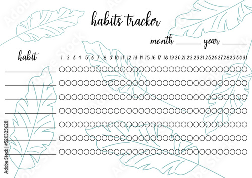 Habits tracker printable template. Blank notebook page horizontal A4. Vector illustration of paper sheet for marking habits success in month. Tropical background