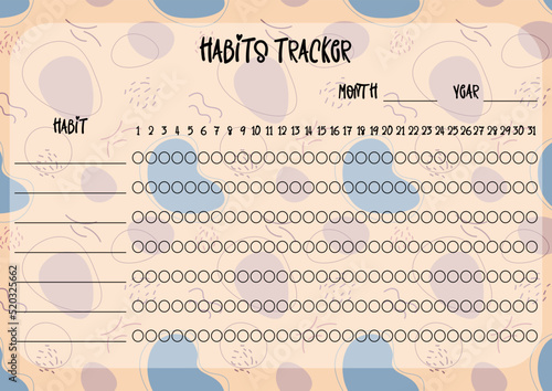 Habits tracker printable template. Blank notebook page horizontal A4. Vector illustration of paper sheet for marking habits success in month
