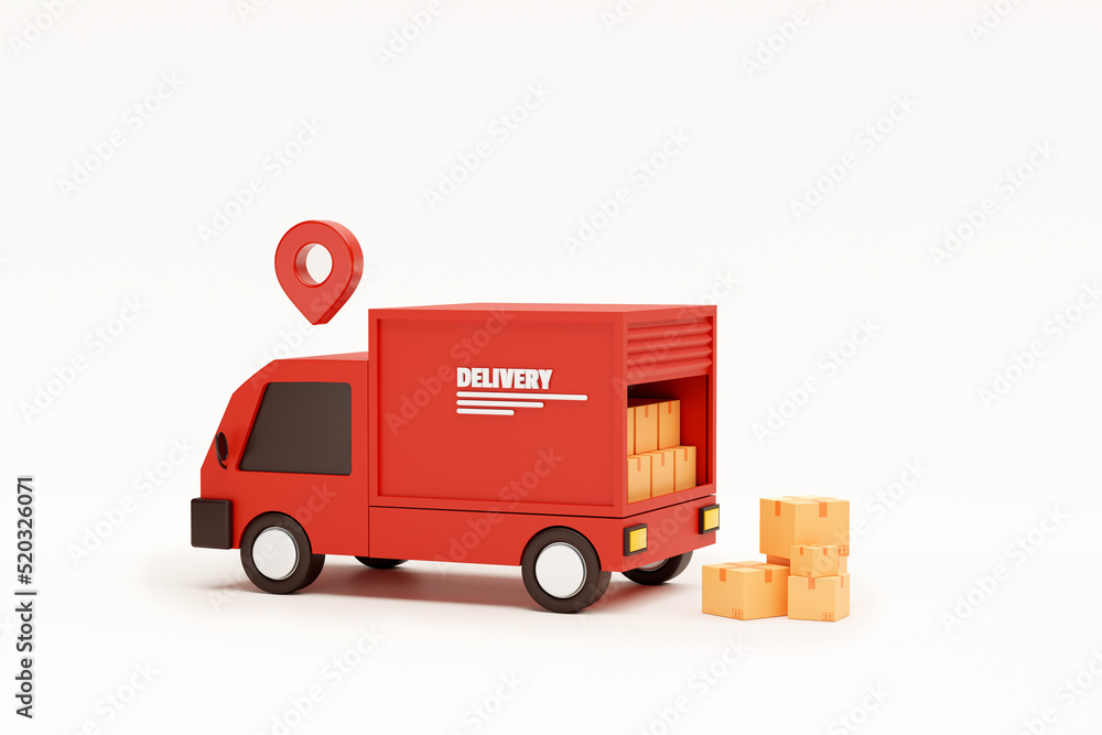 Red delivery car deliver express and Pin pointer mark location delivery transportation logistics concept on white background 3d rendering illustration Red delivery car deliver express and Pin pointer mark location delivery transportation logistics concept on white background 3d rendering illustration