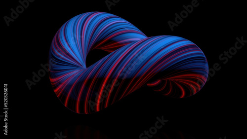 Coloured curved figure torus. Three-dimensional animation of bundle of twisted in circle of luminous threads. Abstract neon animation of torus in isolated space