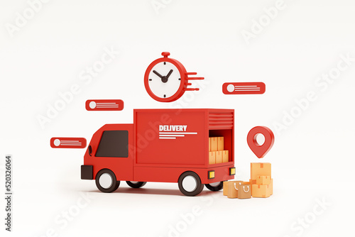 Red delivery car deliver express Shipping fast delivery truck and Pin pointer mark location and cardboard boxes with bubble chat message and clock background 3d rendering illustration photo